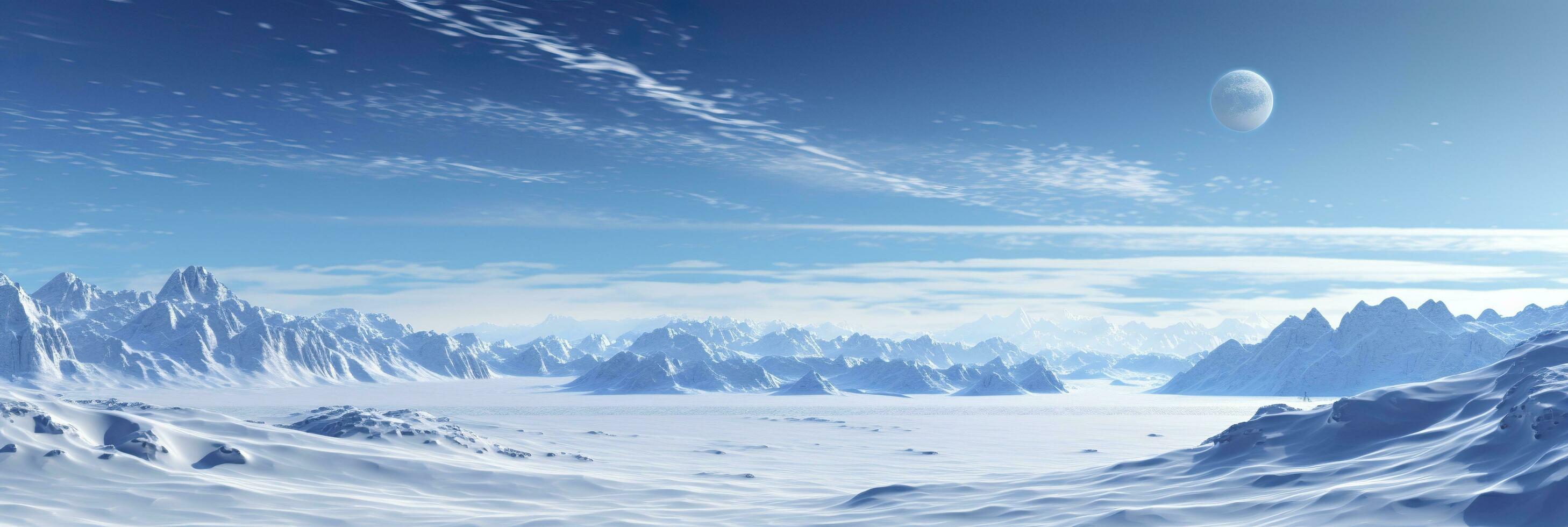 vast desolated snow land, big mountains in the background, snowfall with light blue sky and light blue colors, peaceful atmosphere,  AI Generative photo