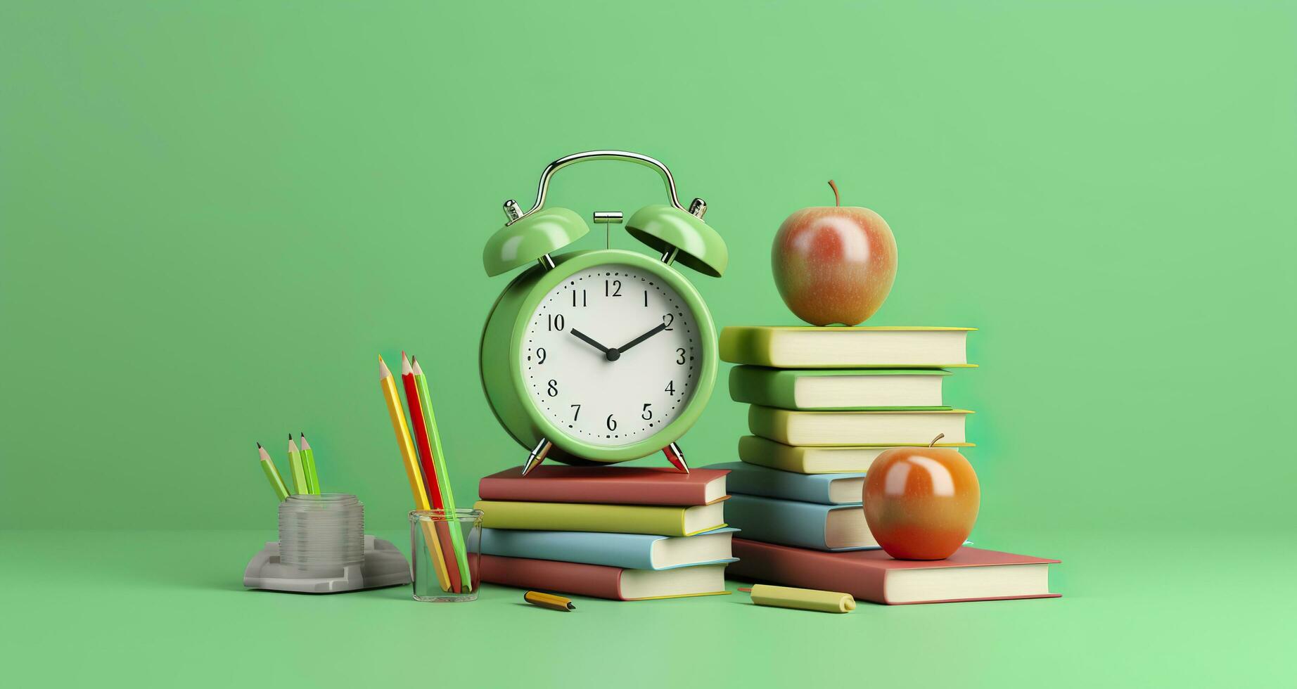 Pop art illustration of School accessories with apples, books, and an alarm clock on the School background. Back to school concept. 3D Rendering, AI Generative photo