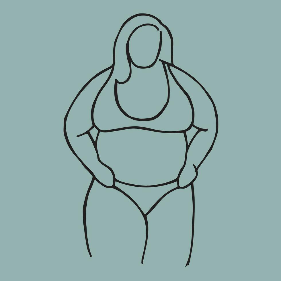 Vector illustration of a plump woman, line art. body positivity symbol, fat girl