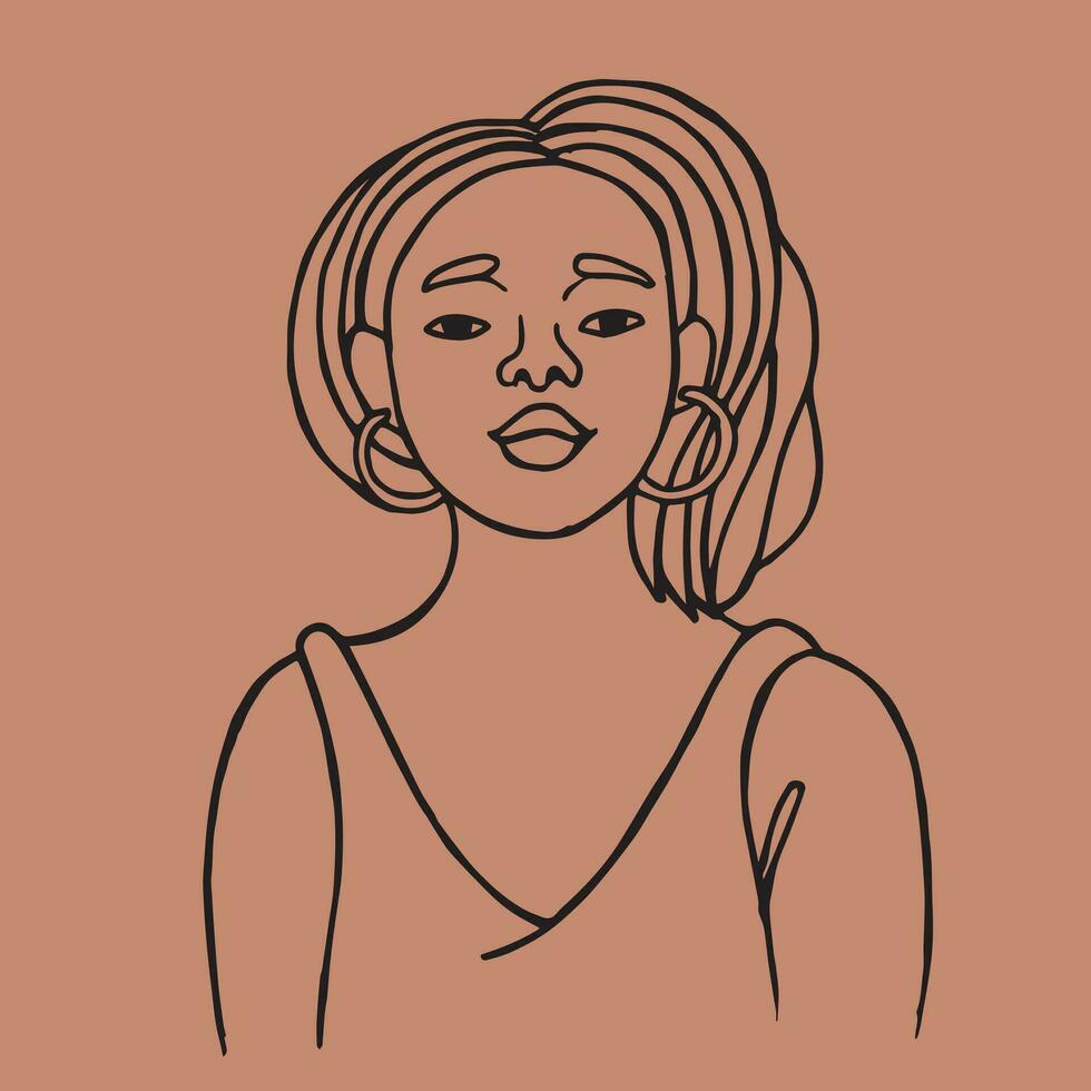 vector dibujo, retrato de un afro americano mujer en línea Arte estilo. resumen ilustración