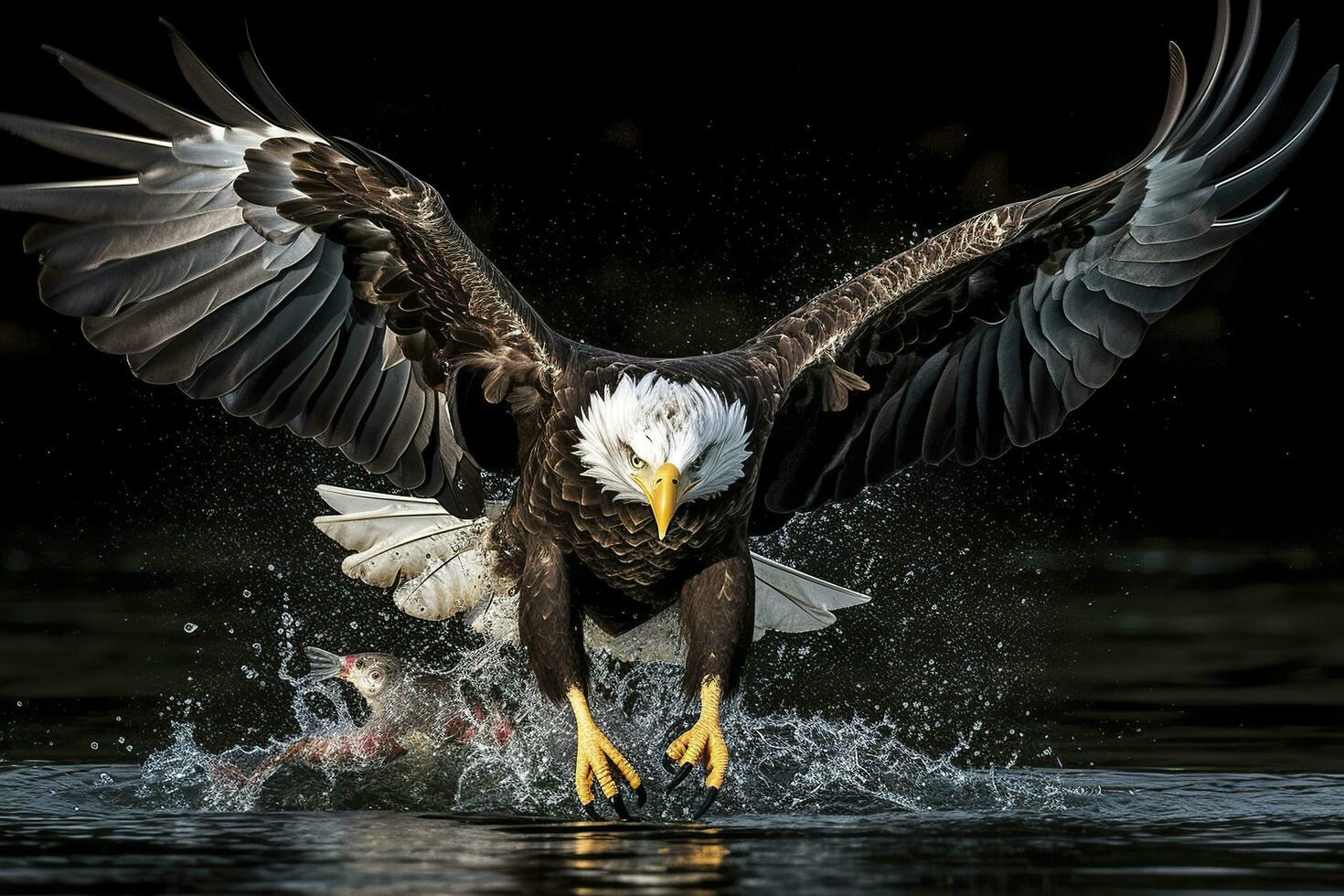 Fishing Bald Eagle, a bald eagle facing camera catches a fish out of the water, in the style of National Geographic contest winner, super telephoto close up. AI Generative photo