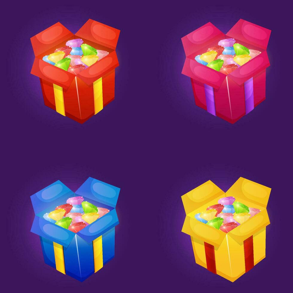 Open gift boxes full of  gems, game ui interface element vector