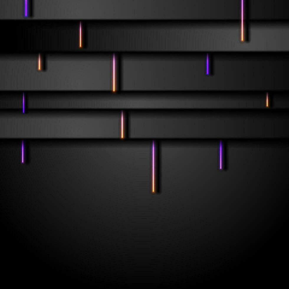 Black tech abstract background with violet orange neon laser lines vector