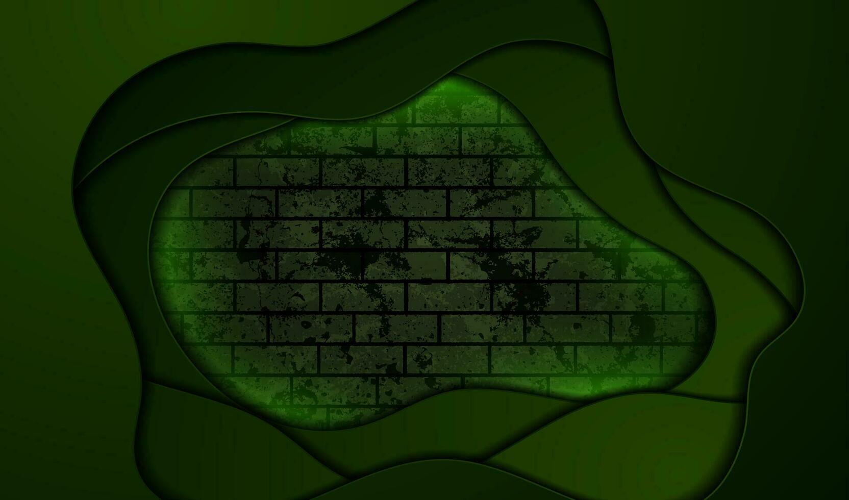 Dark green luminous waves on grunge brick wall background vector