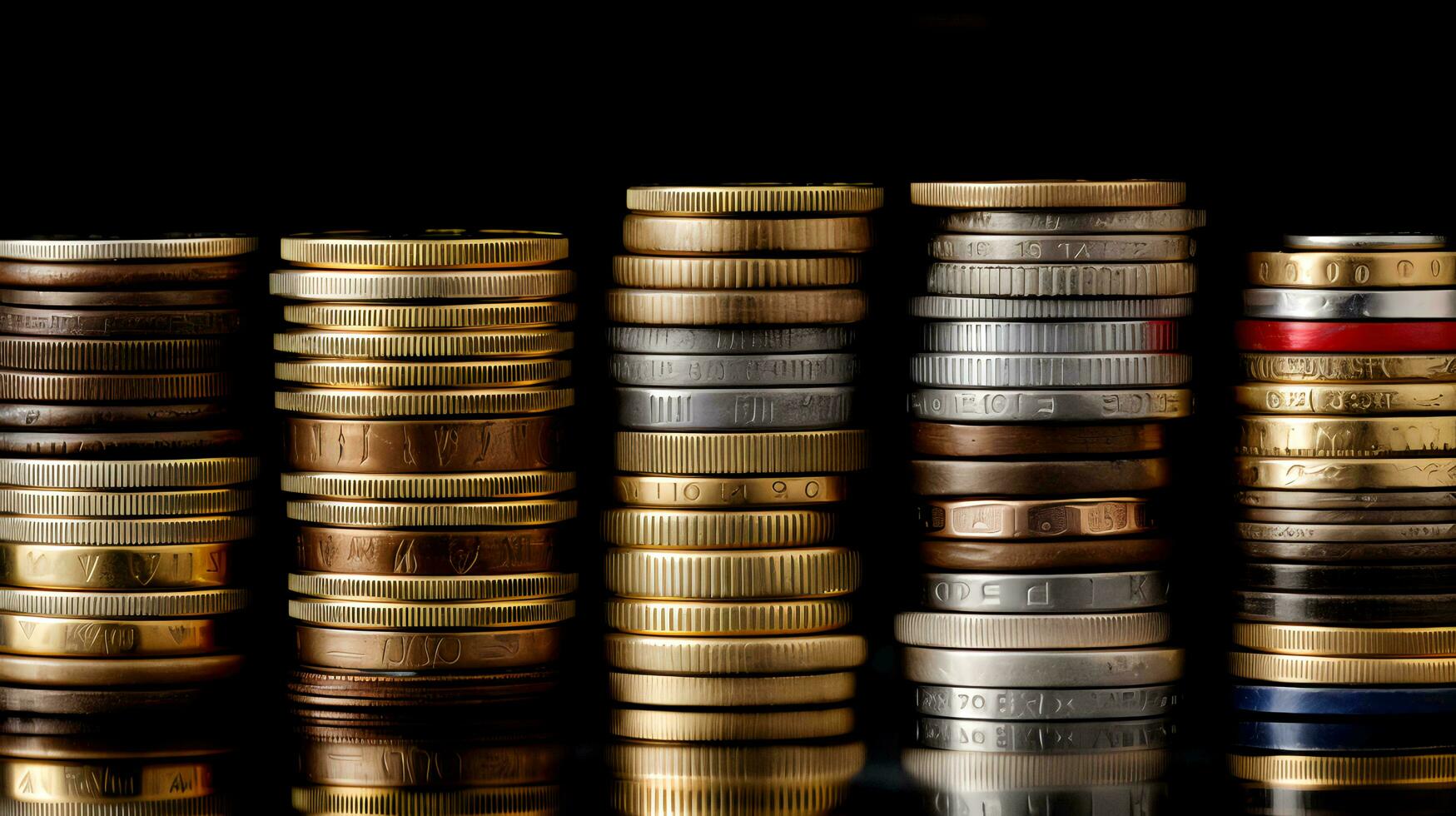 pila de algo de monedas en negro antecedentes. generativo ai foto