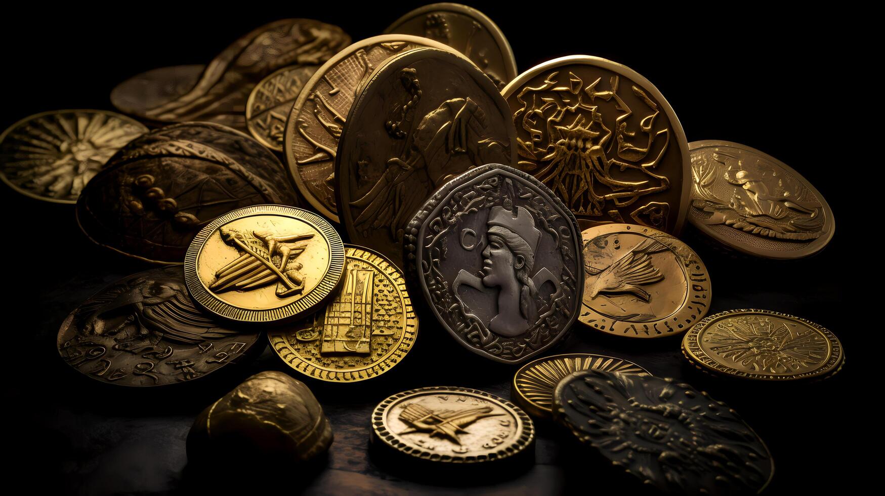 ancient coins on black background. Generative AI photo