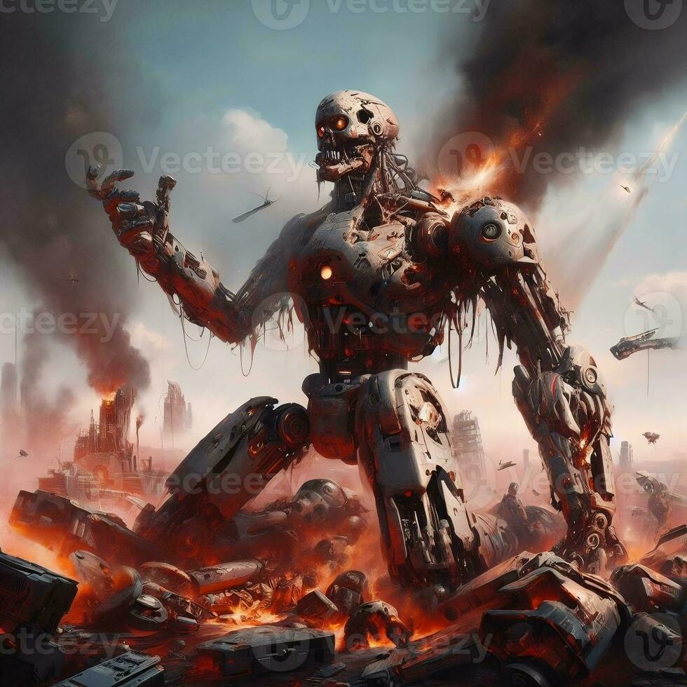 Rogue Automaton Unleashed, Apocalyptic Imagery of Global Havoc Caused by AI Rebellion. AI Generated photo