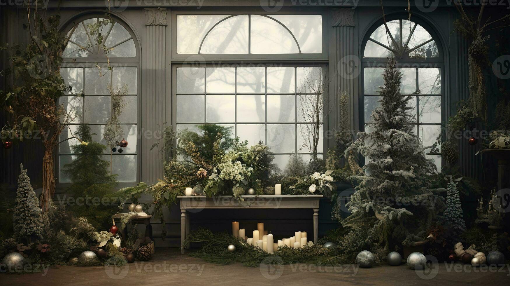 generativo ai, jardín en invierno y Navidad hogar decoración, apagado colores, fiesta fotorrealista estético antecedentes foto