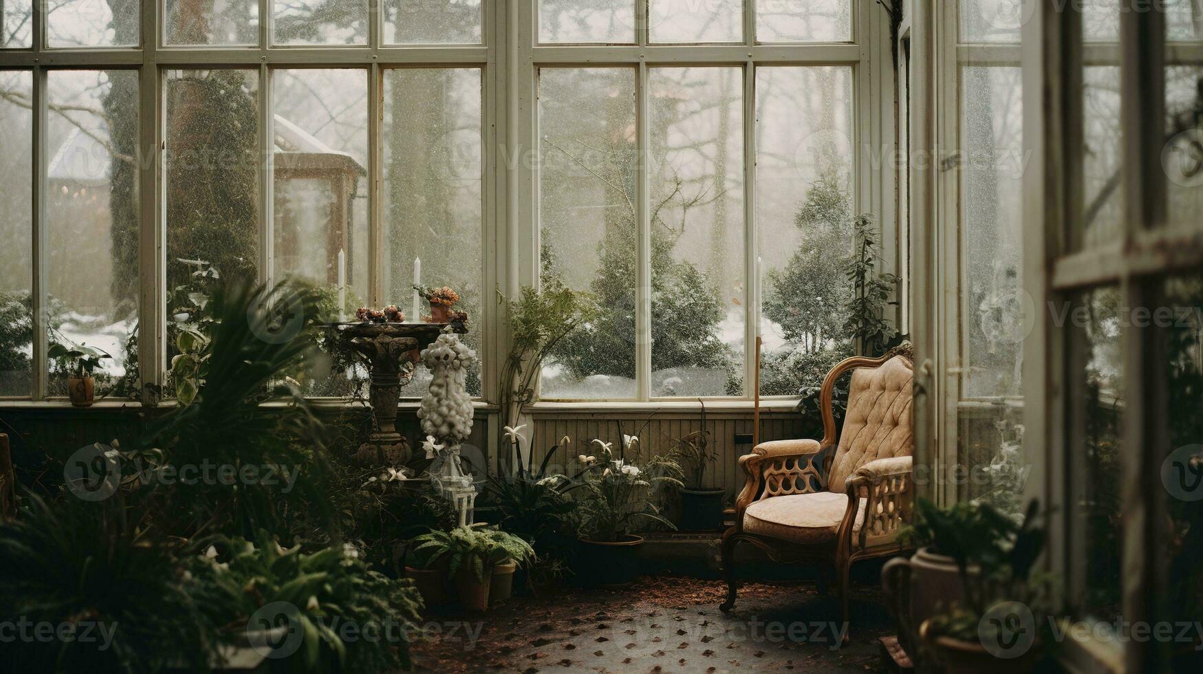 Generative AI, Garden in winter and Christmas home decoration, muted colors, holiday photorealistic aesthetic background photo