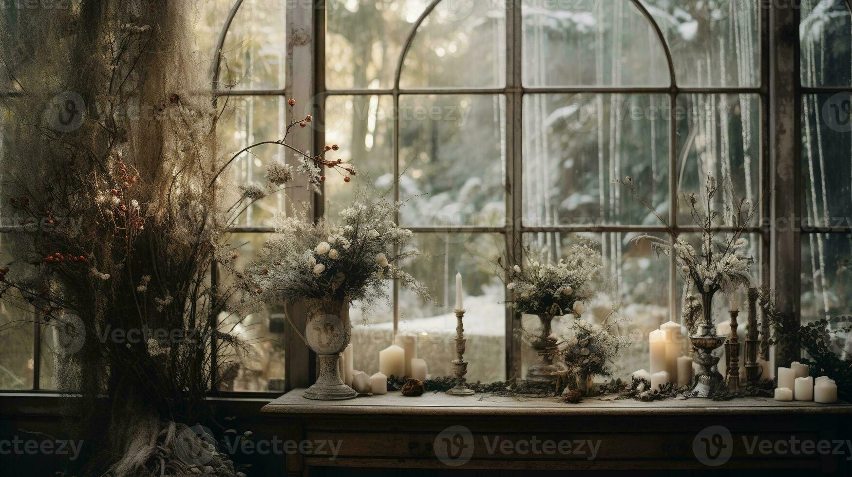 generativo ai, jardín en invierno y Navidad hogar decoración, apagado colores, fiesta fotorrealista estético antecedentes foto