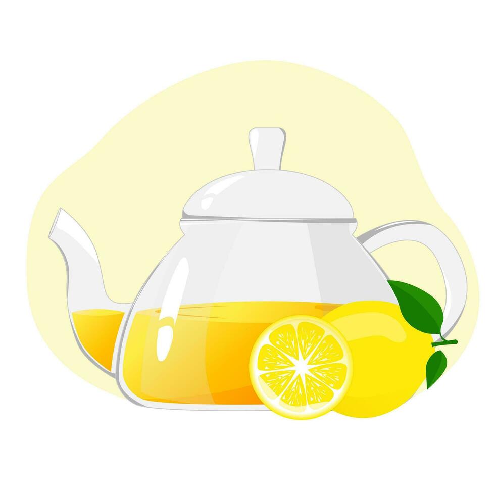 Glass teapot with citrus tea.Transparent glass teapot with lemon tea. Healthy drinks concept.Vector illustration for cafes, advertisements, banners vector