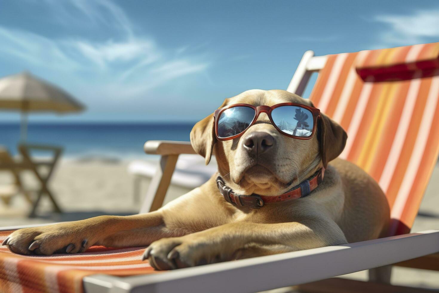 Dog Puppy wearing sunglasses, lying on a sunbed to sunbath at the beach sea on summer vacation, holidays. Funny concept. AI Generative photo