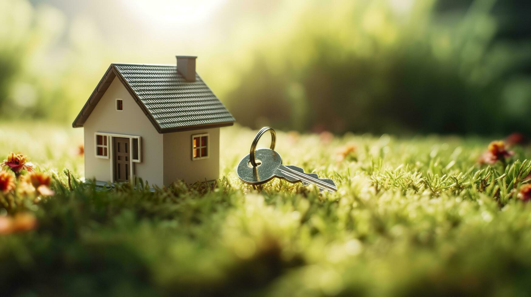 Copy space of home. Small model home on green grass with sunlight. AI Generative photo