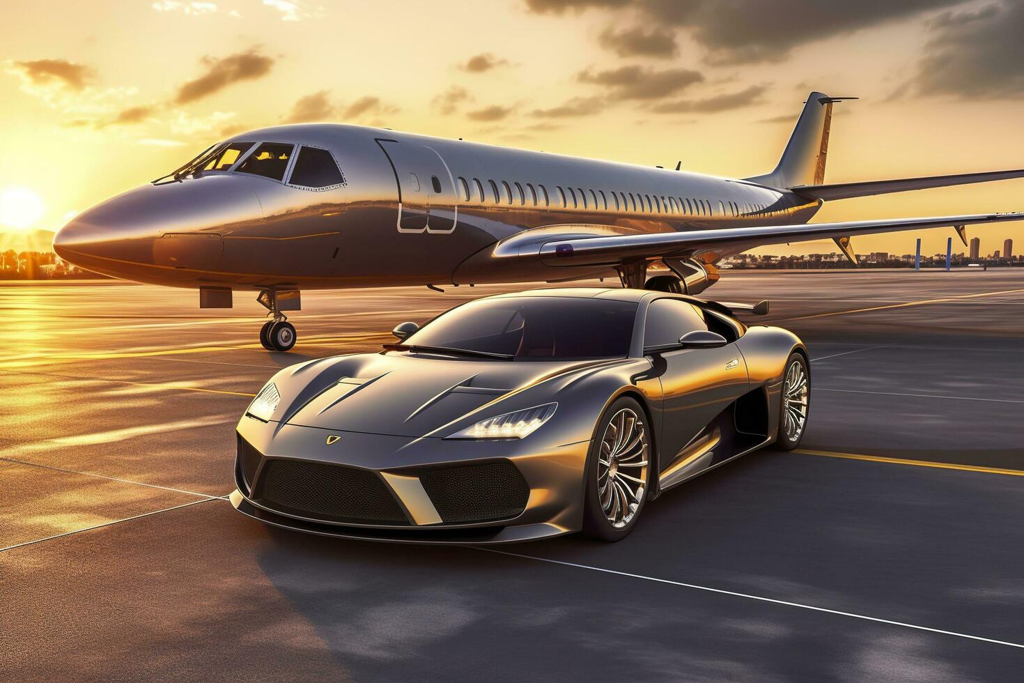 Super car and private jet on landing strip. Business class service at the airport. Business class transfer. Airport shuttle, AI Generative photo