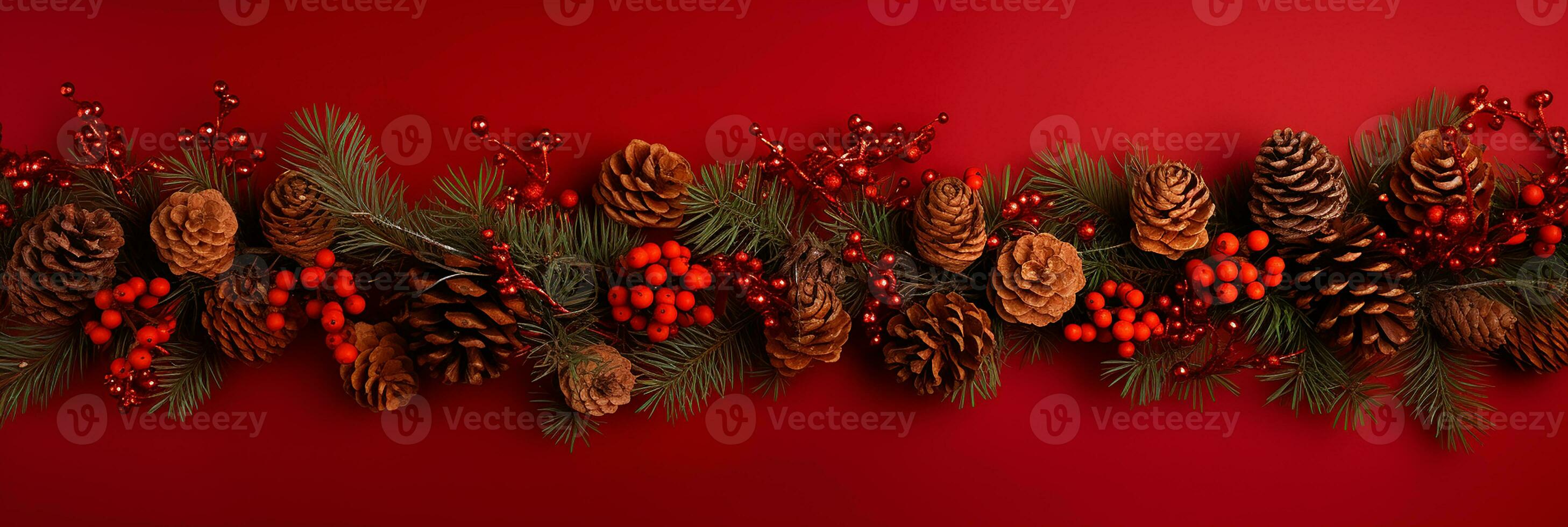 Christmas banner with a garland of Christmas tree branches, berries and pine cones on a red background. horizontal background, New Year, Christmas. AI generated photo
