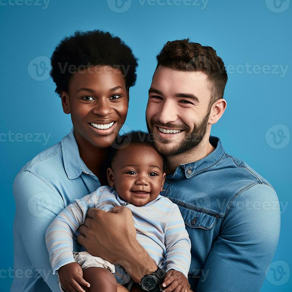 photorealistic image of two young men with a child. adoption of LGBT couples, adopted children in same-sex families. AI generated photo