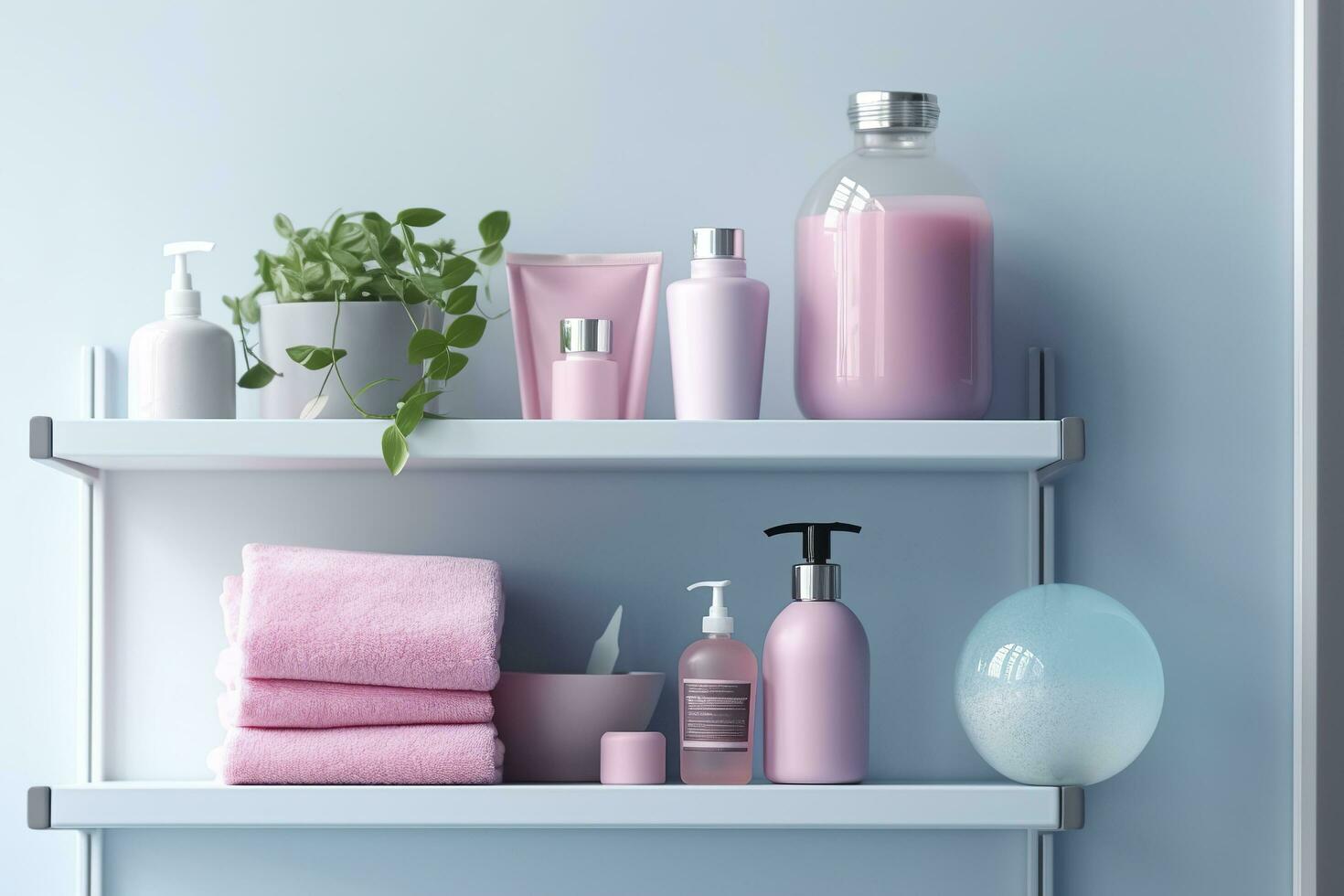 A pastel bathroom shelf with pink skincare products, copy space, banner, pink and pastel blue bright palette, barbiecore. AI Generative photo