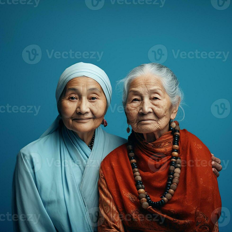 photorealistic image of two elderly women, a mother and an adult daughter. mother's day, family relationships. AI generated photo