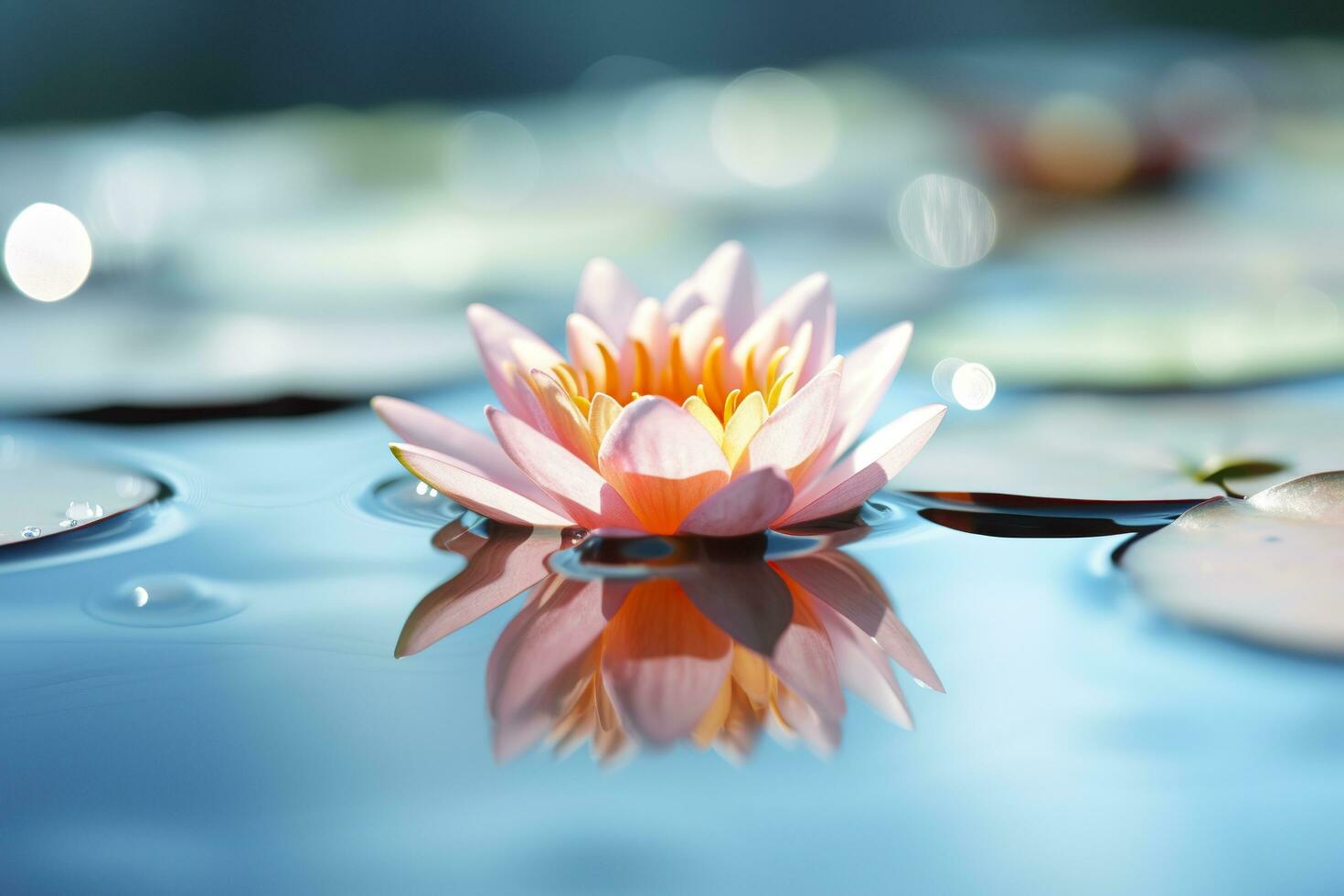 A floating lotus flower on the calm surface of a pond symbolizes the potential for transformation and spiritual growth through the practice of meditation and mindfulness. AI Generative photo