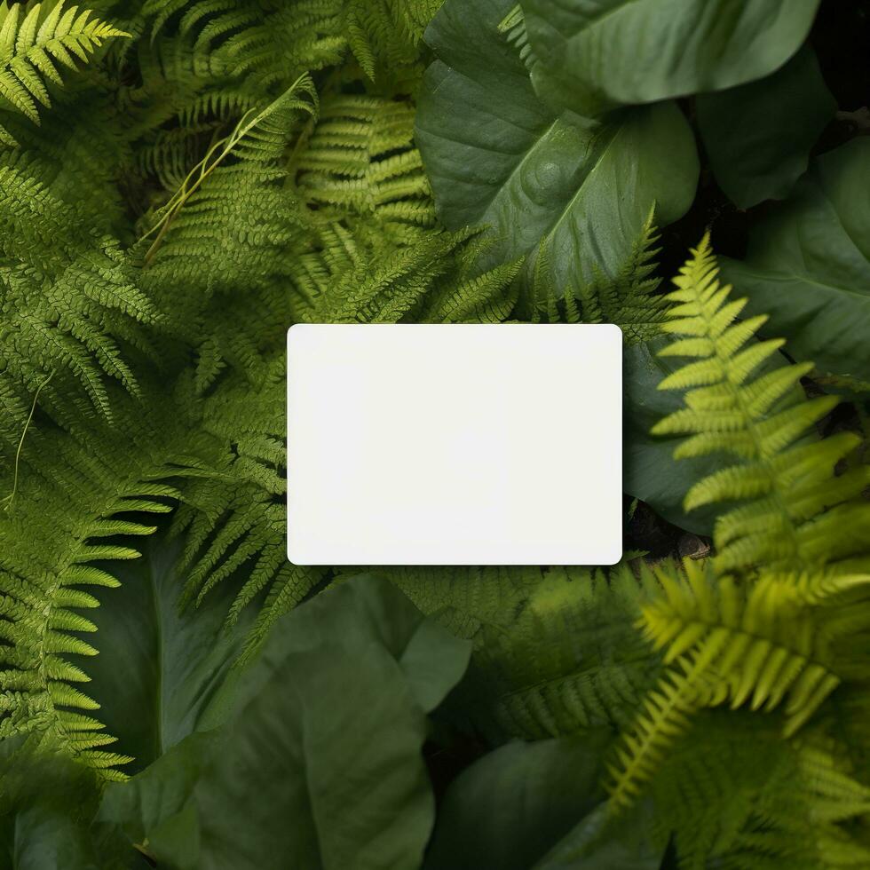 Blank business card on green leaves background. Generative AI photo