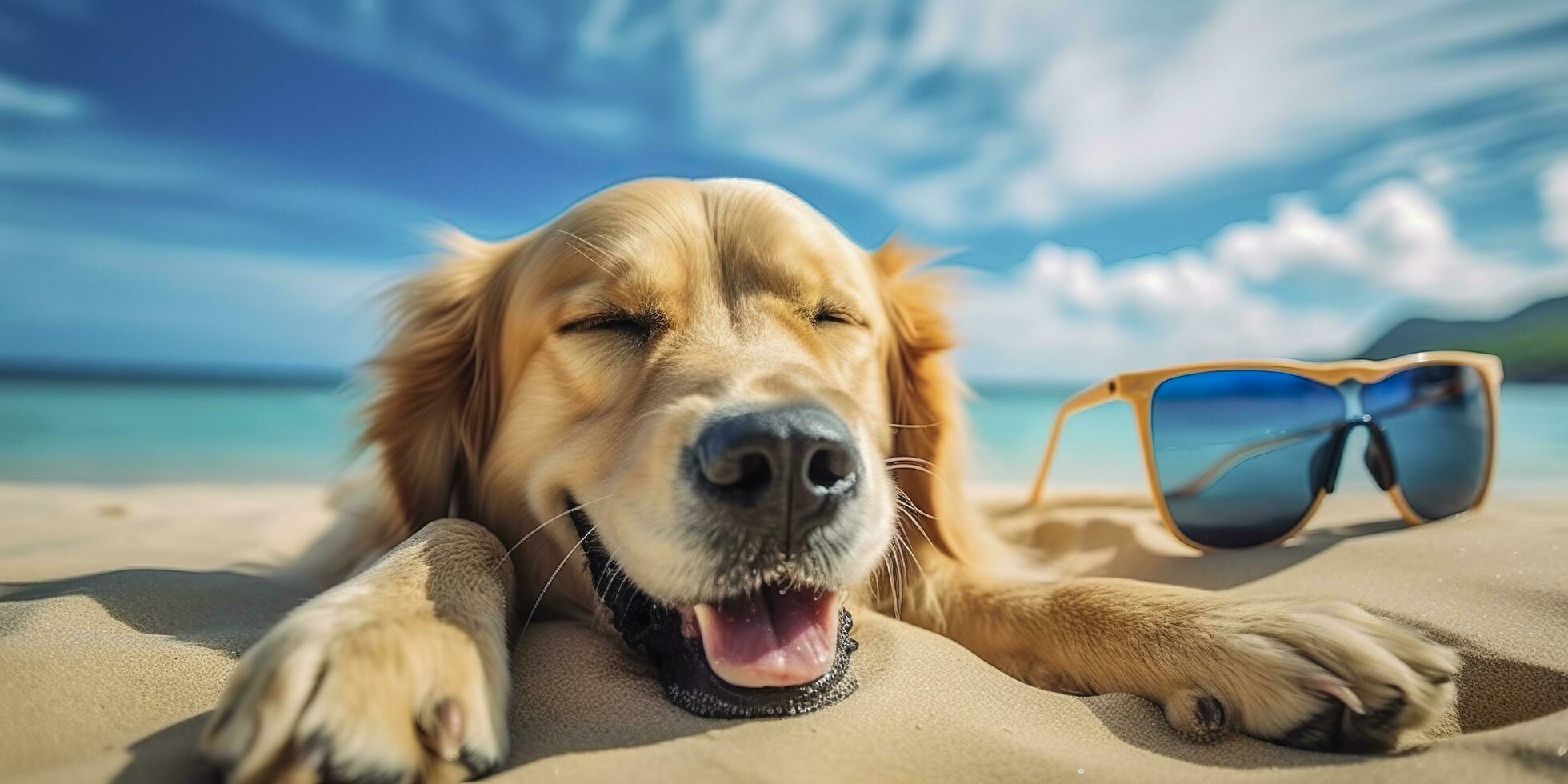 Golden Retriever dog is on summer vacation at seaside resort and relaxing rest on summer beach of Hawaii. AI Generative photo