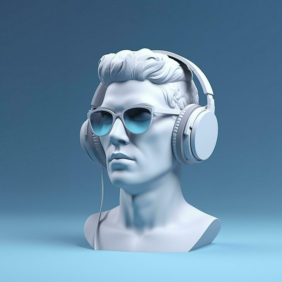 mínimo escena de Gafas de sol y auriculares en humano cabeza escultura, música concepto, 3d representación. ai generativo foto