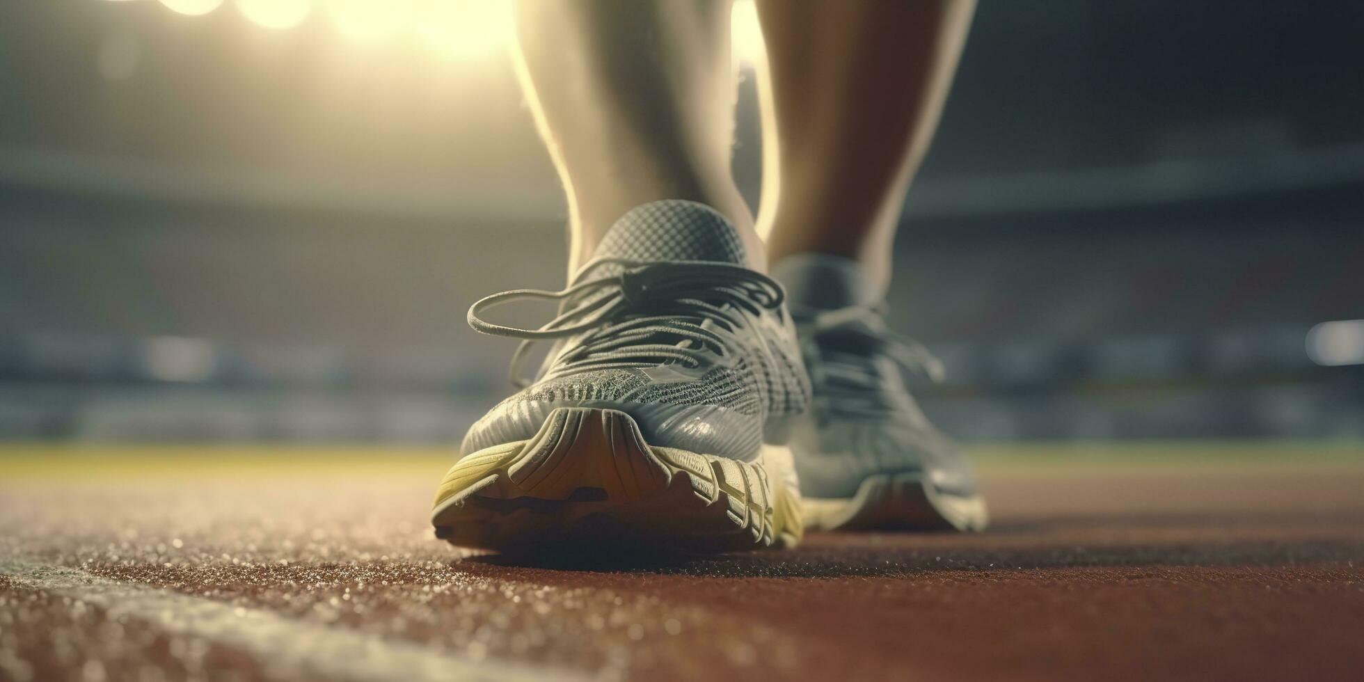 Runner feet running on a stadium, closeup on feet, sports background, space for copy, AI Generative photo