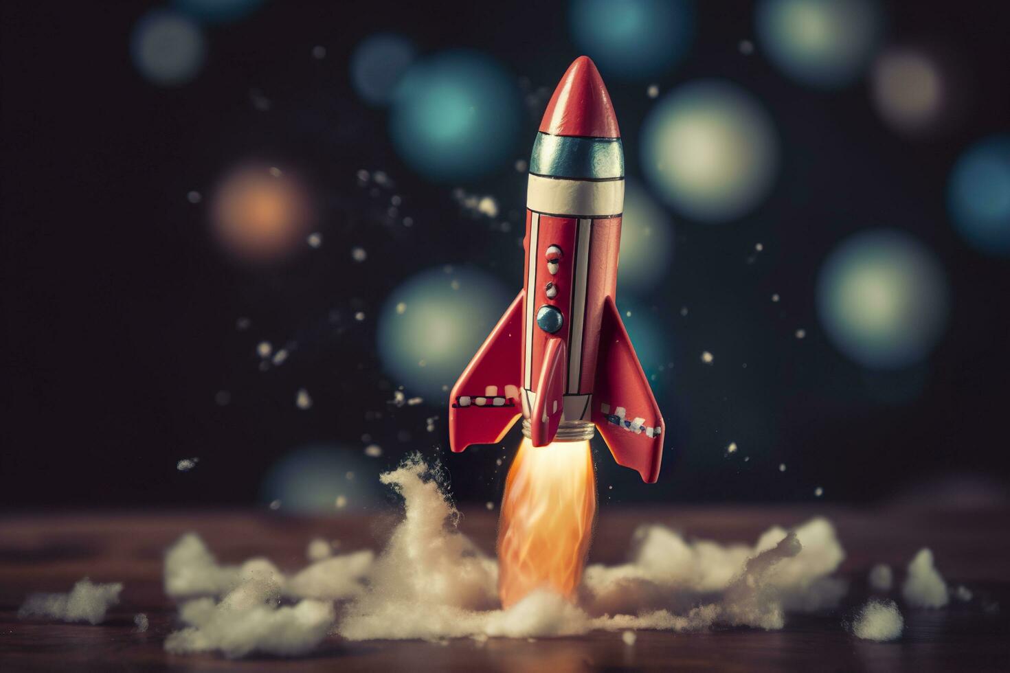 Toy rocket takes off business and finances success concept. AI Generative photo