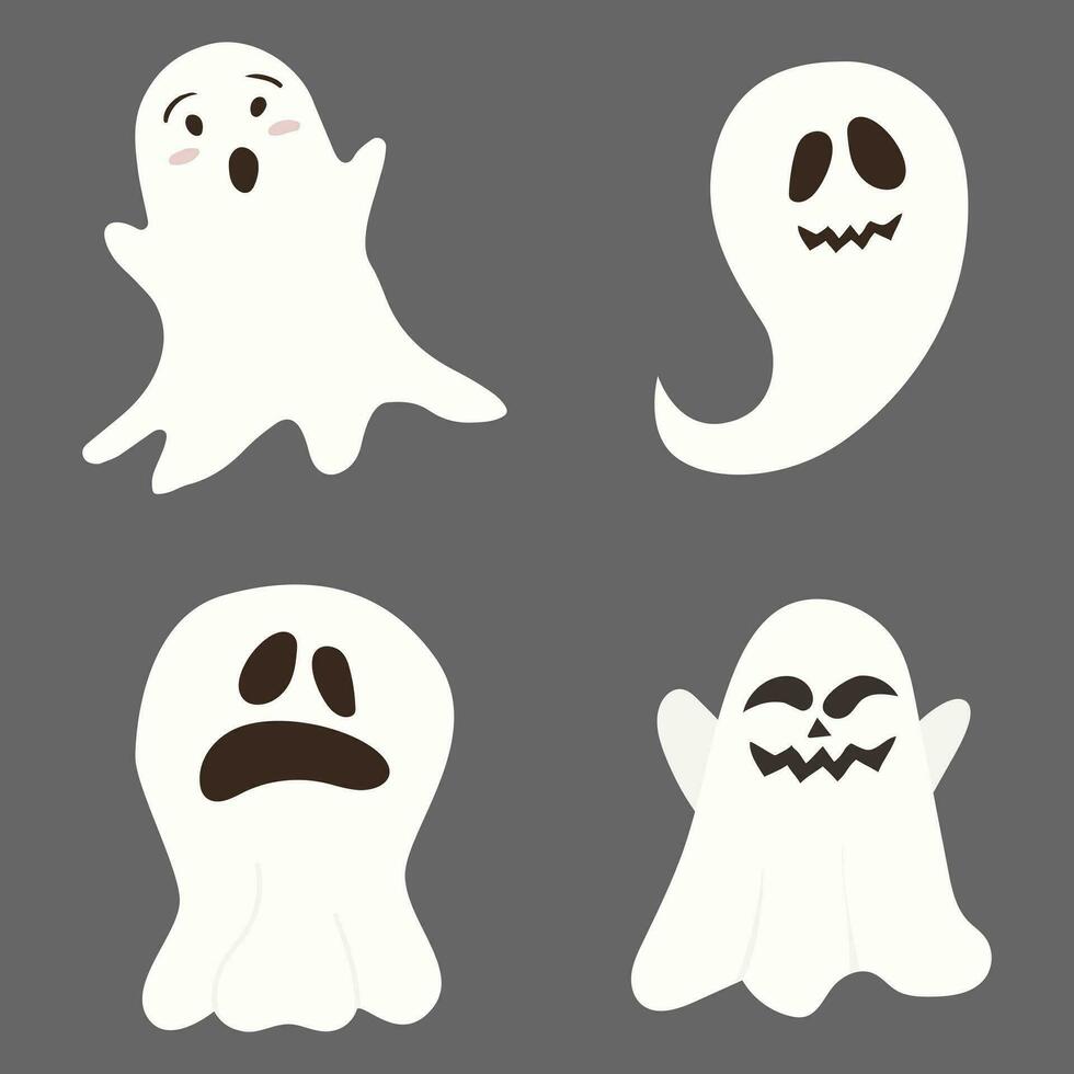 Happy Halloween, Ghost, Scary white ghosts. Cute cartoon spooky character. Smiling face, hands. Blue background Greeting card. Vector illustration