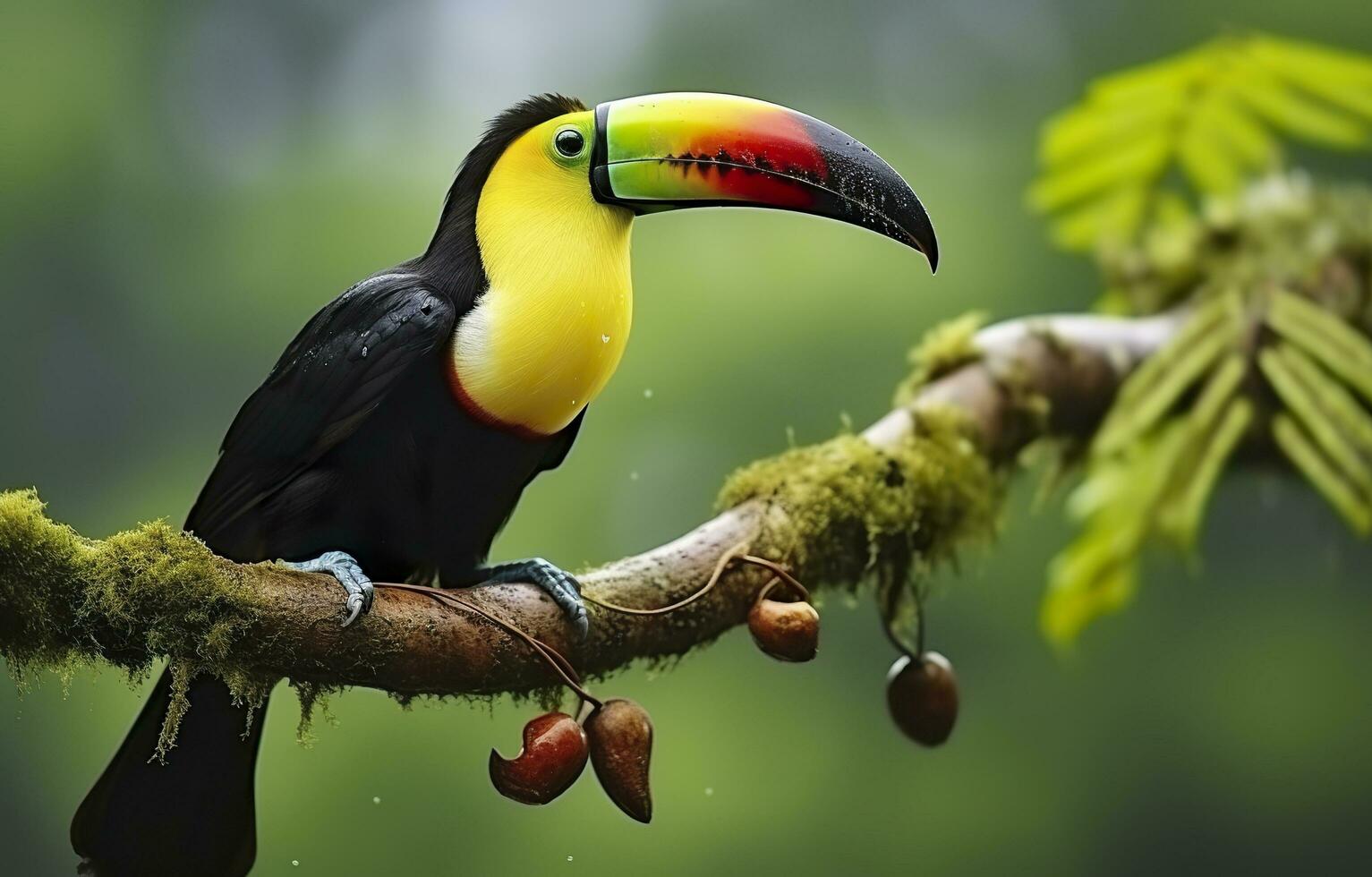 Chesnut mandibled Toucan sitting on the branch in tropical rain with a green jungle. Generative AI photo