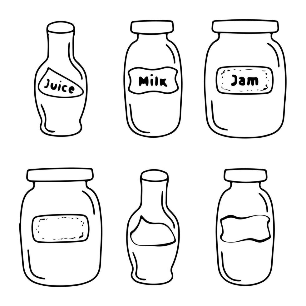 Sketch image of a kitchen container, jar, jug, bottle. Doodles of a dishes, crockery, utensils, dinnerware, kitchenware vector
