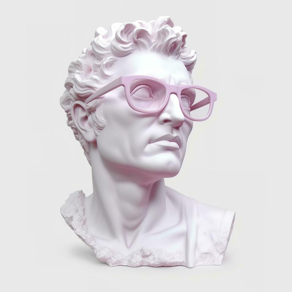 The head of a white mythological statue with fashionable pink glasses on his eyes, frame in profile. AI Generative photo