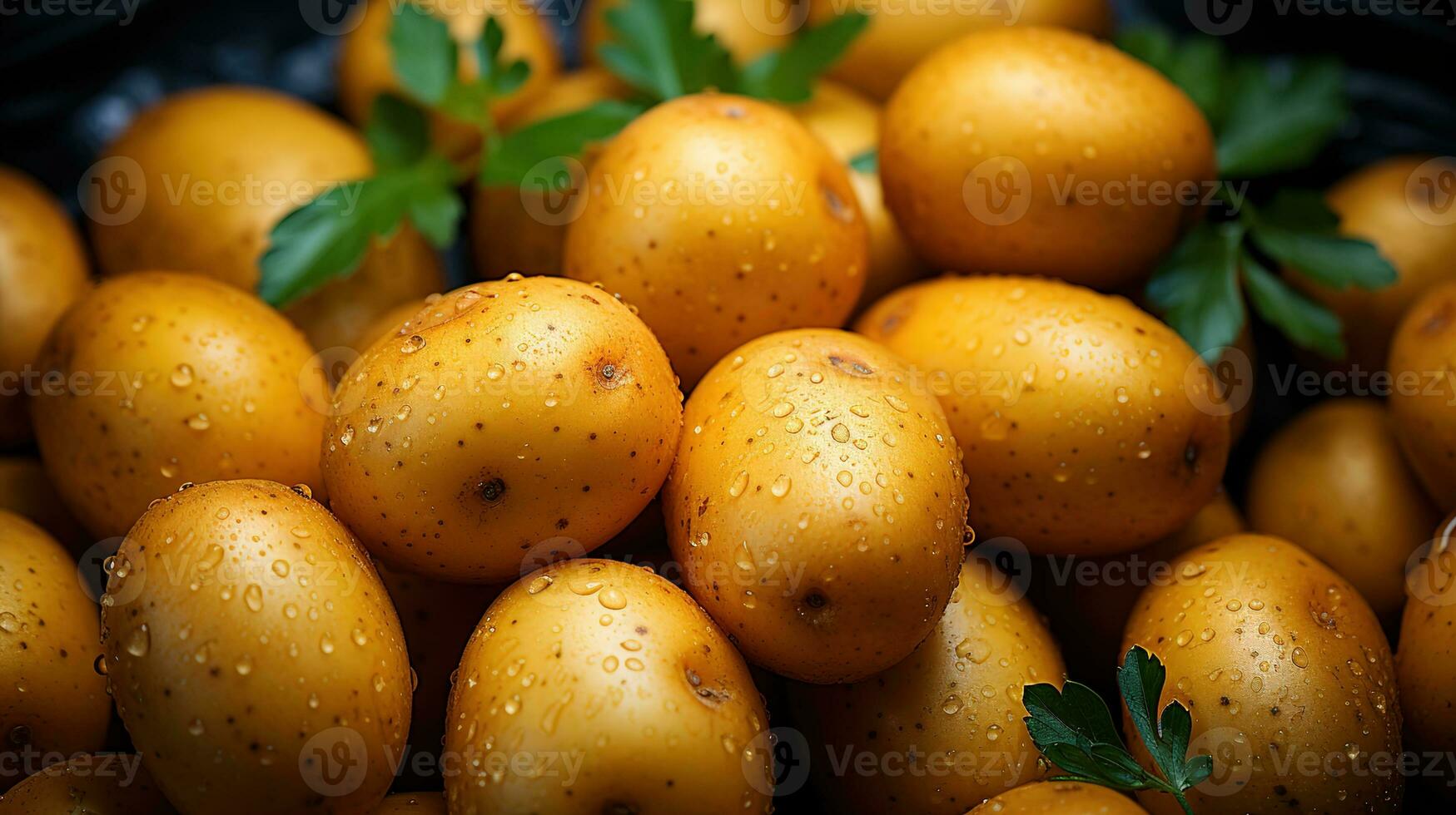 Rustic Farm-to-Table Aesthetic, Top-Down View Seamless Background of Freshly Harvested Potatoes with Glistening Water Droplets on Their Farm-Fresh Spuds, Ai generative photo