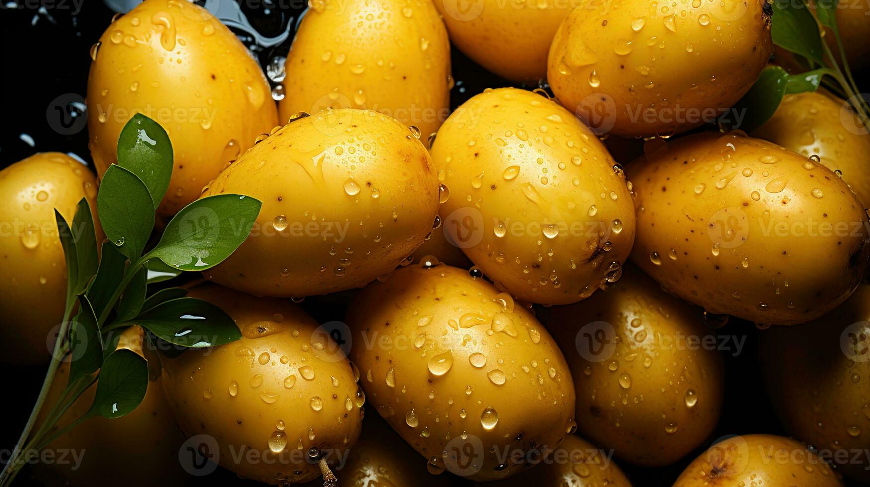 Rustic Farm-to-Table Aesthetic, Top-Down View Seamless Background of Freshly Harvested Potatoes with Glistening Water Droplets on Their Farm-Fresh Spuds, Ai generative photo