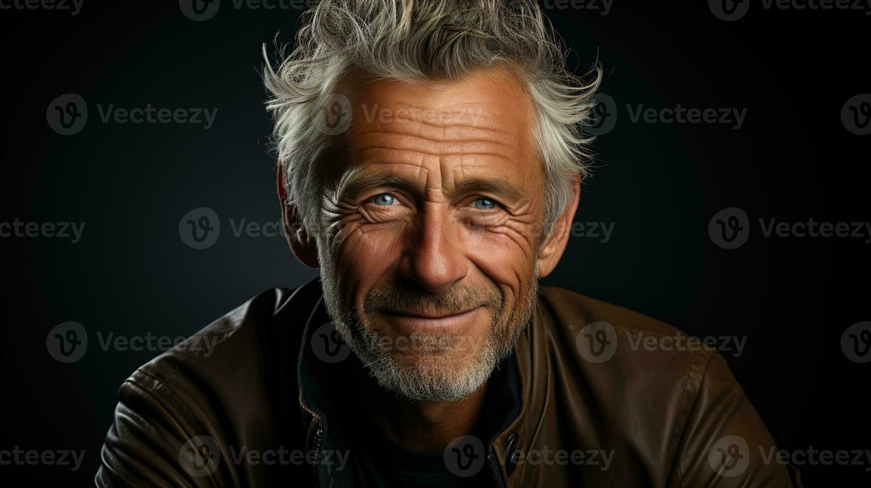 Handsome Senior Male in His 50s or 60s with Grey Hair Laughing and Smiling Against a Dark Background, Embracing Happiness and Confidence in Happy Retirement, Ai generative photo