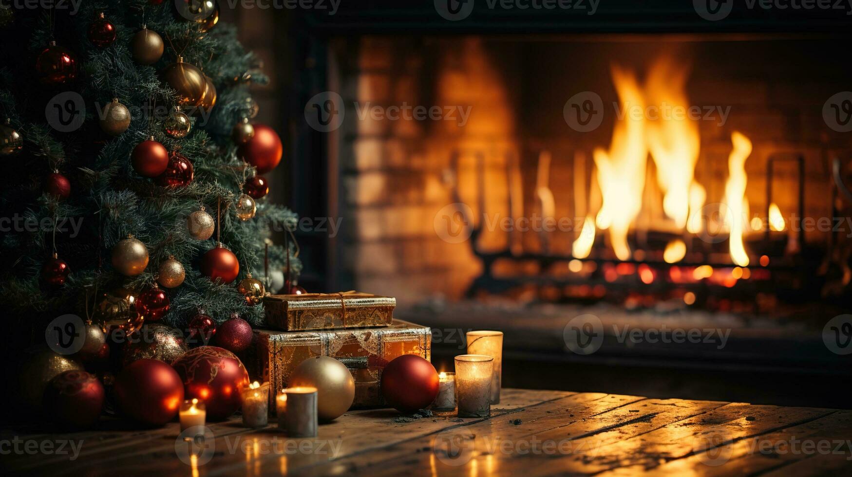 Festive Christmas Tree with Fireplace Background, Cozy Holiday Decor in a Warm Living Room, Ai generatvie photo