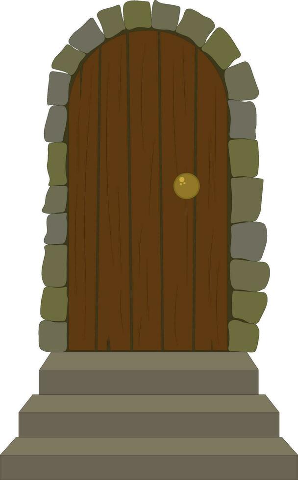 Old wooden door in stone arch vector illustration
