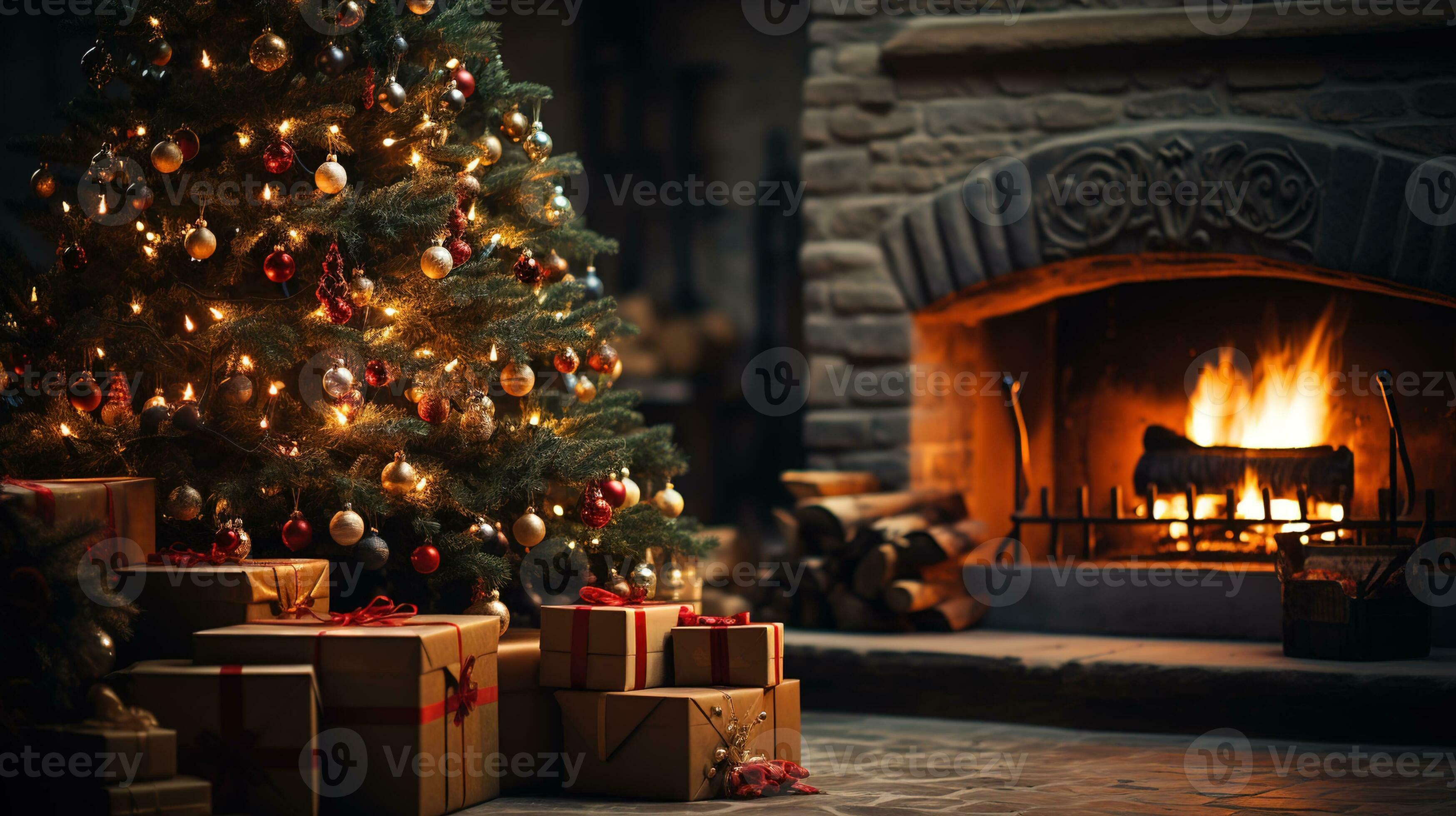 Festive Christmas Tree with Fireplace Background, Cozy Holiday Decor in