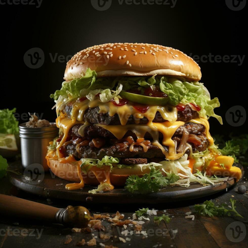 Delicious Cheeseburger Served on a Rustic Wooden Platter - Tempting Fast Food on a Dark Background, Ai generative photo