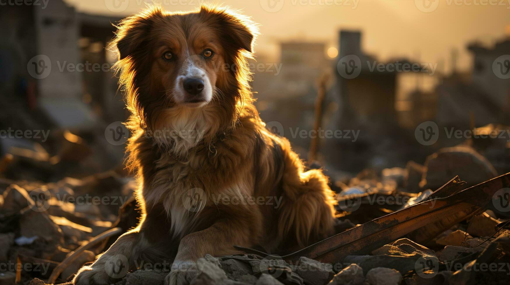 Stray Dog on a Damaged Street in Afternoon Light - A Powerful Image for Animal Rights Advocacy, Ai generative photo