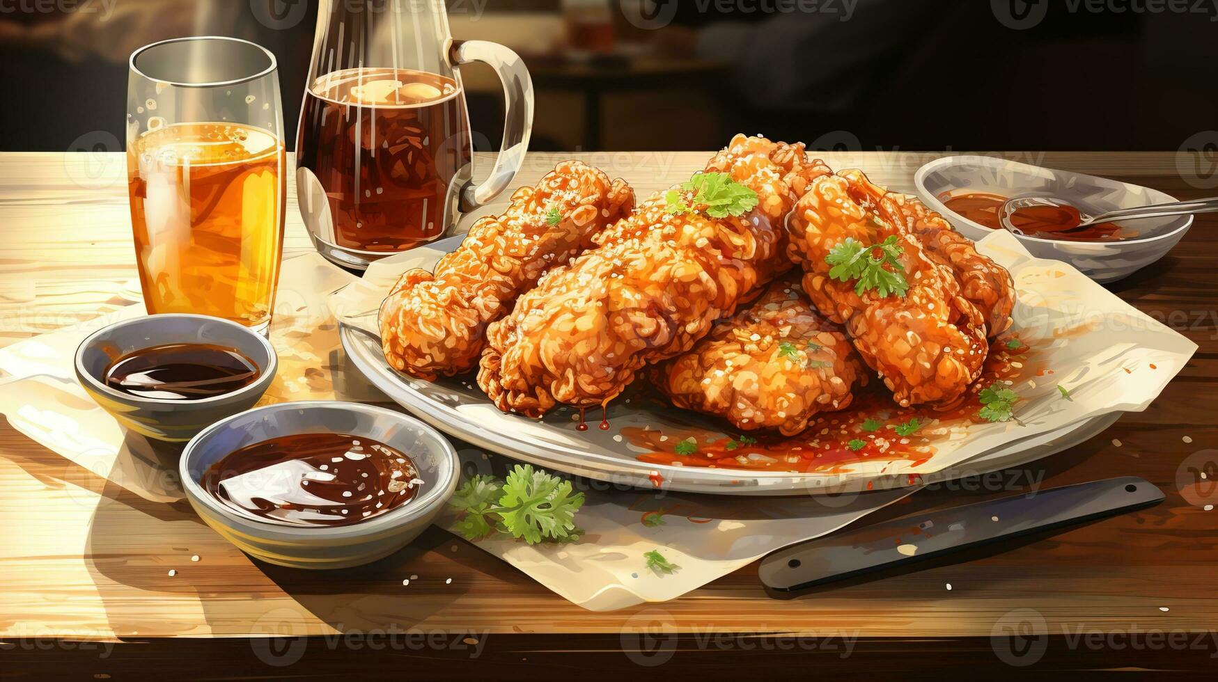 Experience a Delightful Chi-Maek - Crispy Korean Fried Chicken and Refreshing Beer Pairing - in a Cozy Korean Restaurant, Ai generative photo