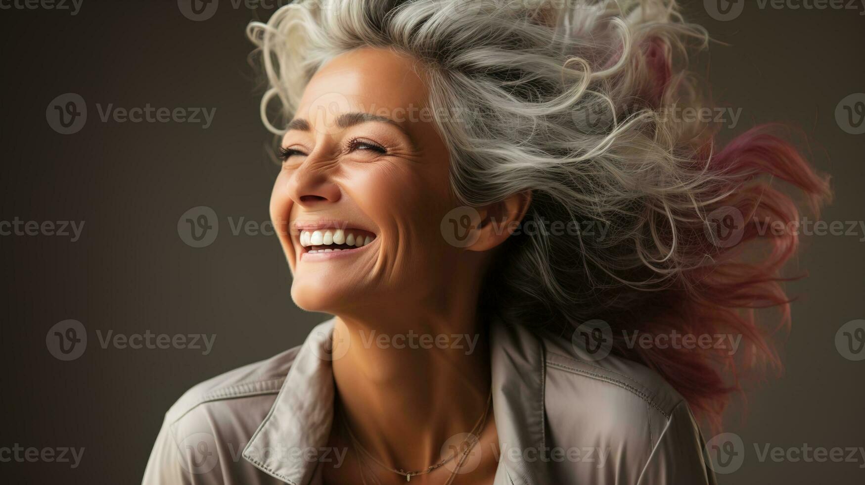 Beautiful Senior Model Woman in Her 50s 60s with Grey Hair Laughing and Smiling Against a Dark Background, Embracing Beauty, Confidence, and Joyful Aging in Happy Retirement, Ai generative photo