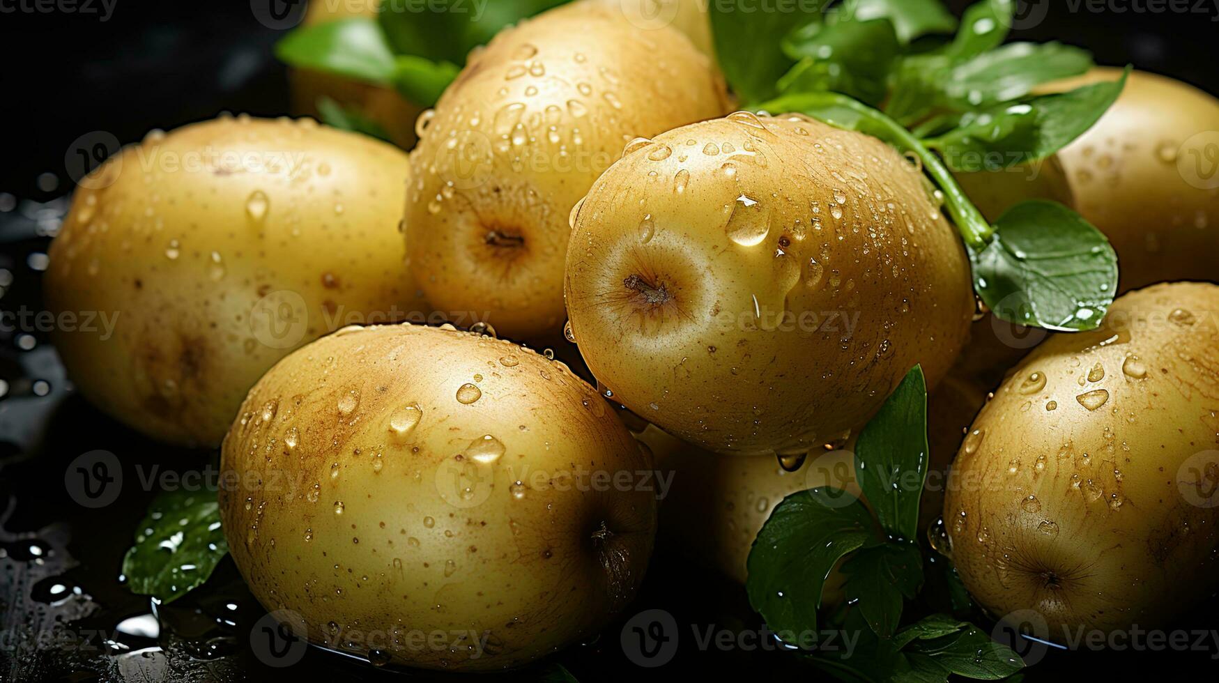 Rustic Farm-to-Table Aesthetic, Top-Down View Seamless Background of Freshly Harvested Potatoes with Glistening Water Droplets on Their Farm-Fresh Spuds, Ai generative photo