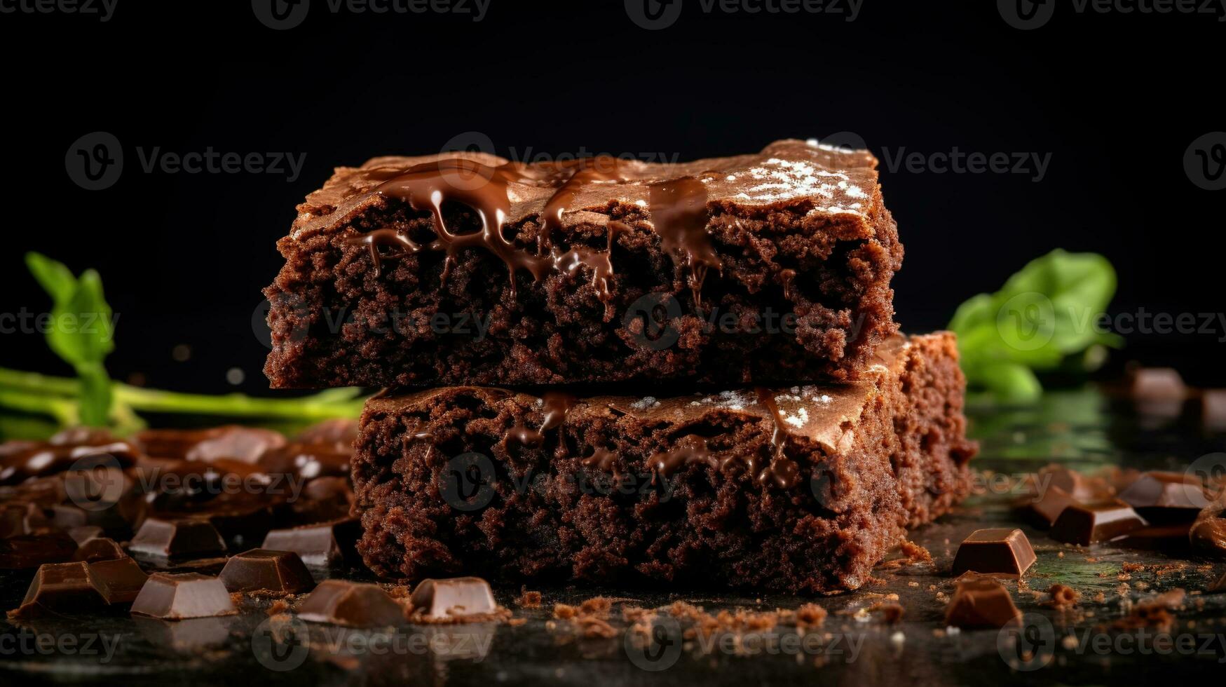 de cerca lado ver de húmedo oscuro chocolate Brownies postre, un tentador hecho en casa deleite con decadente fudgy textura, conjunto en contra un Rico y oscuro fondo, húmedo comida fondo, ai generativo foto