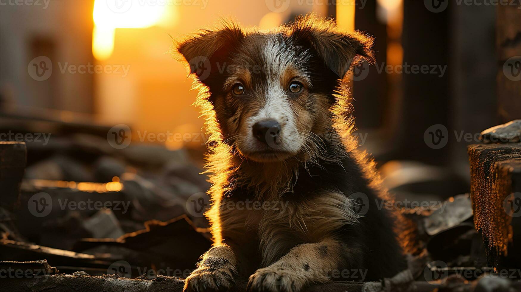 Stray Puppy on a Damaged Street in Afternoon Light - A Powerful Image for Animal Rights Advocacy, Stray dog, Ai generative photo