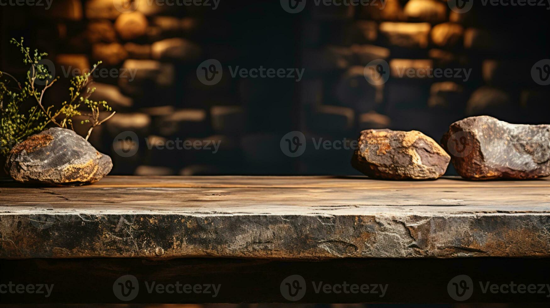 A front view of a dark gray, empty stone table with a blurry dark rock wall background, serves as a blank stone table mockup for product placement, ai generative photo