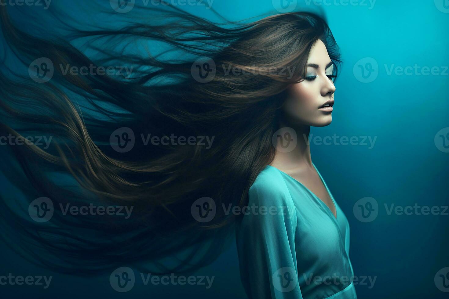Portrait of young sensual woman with wind in long hair on blue studio background, generative AI photo