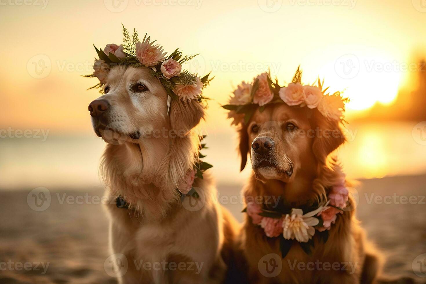 Two cute dogs resting on the beach, generative ai photo