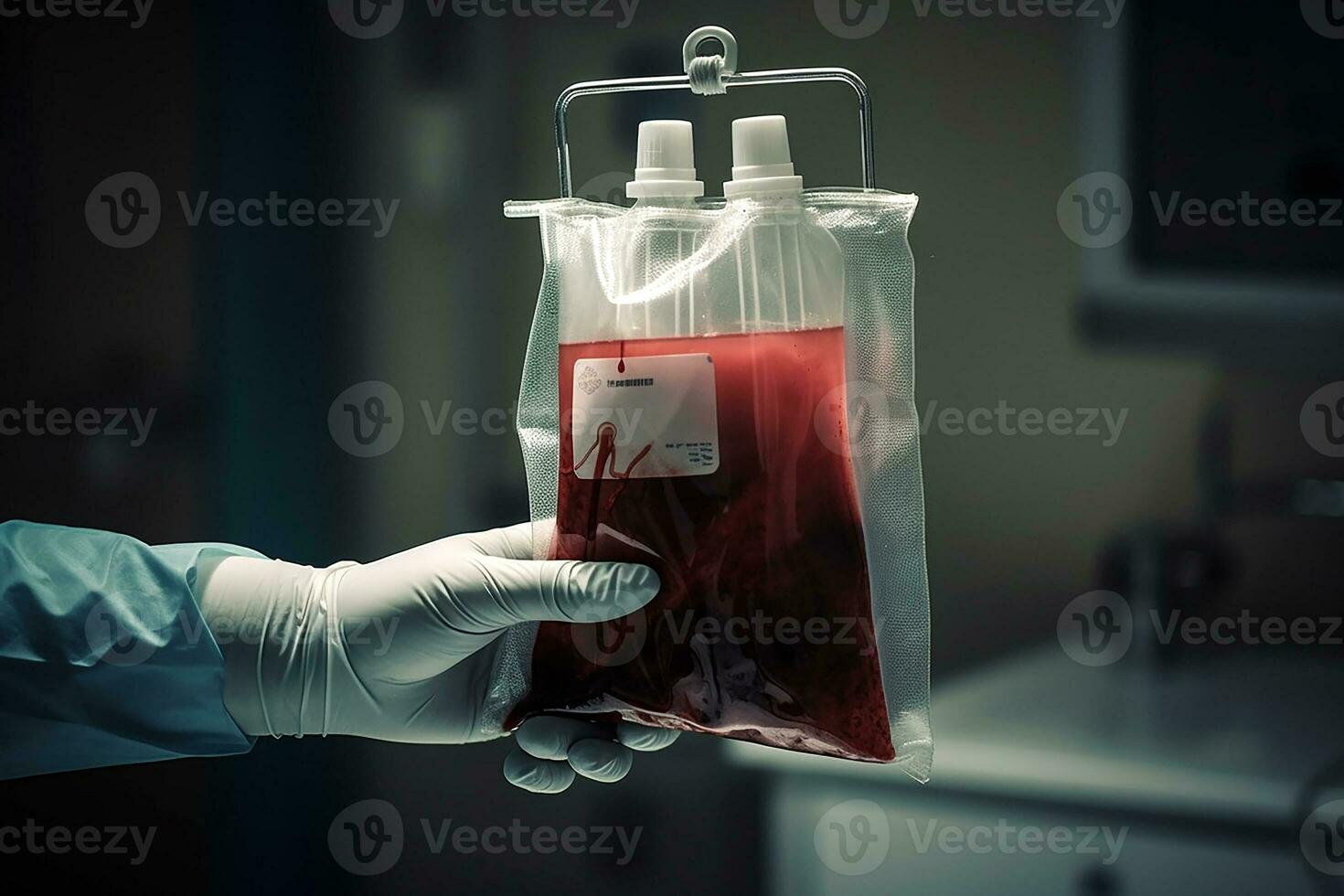 Hand of a medical worker holding a bag of donor blood. generative AI photo