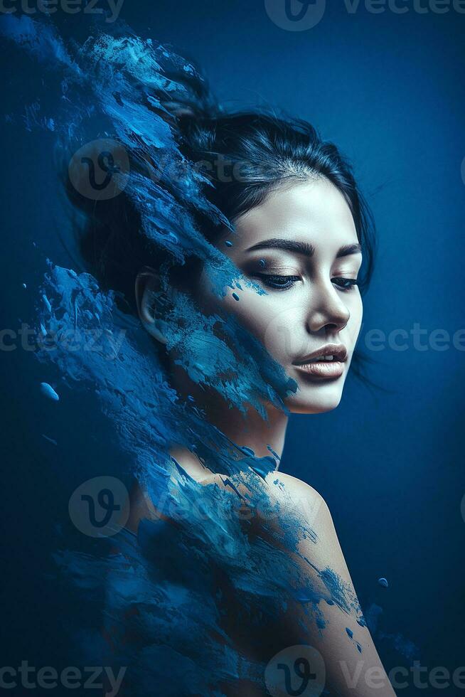 Portrait of young sensual woman with wind in long hair on blue studio background, generative AI photo